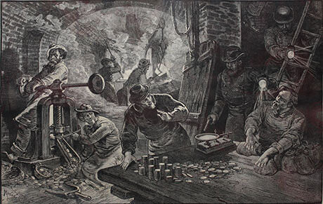 A 19th-century engraving of a screw press mint in operation, with workers and stacks of finished coins