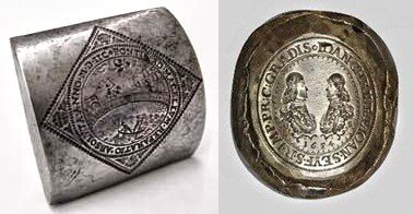 A roller die alongside the coin it struck