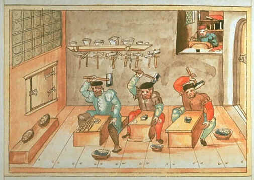 A 16th-century workshop illustration of coiners hammering blanks by hand